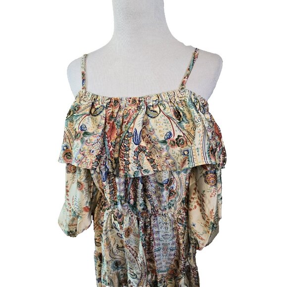 Umgee off the Shoulder 3/4 sleeve tiered vibrant print midi dress size M New - Picture 2 of 16